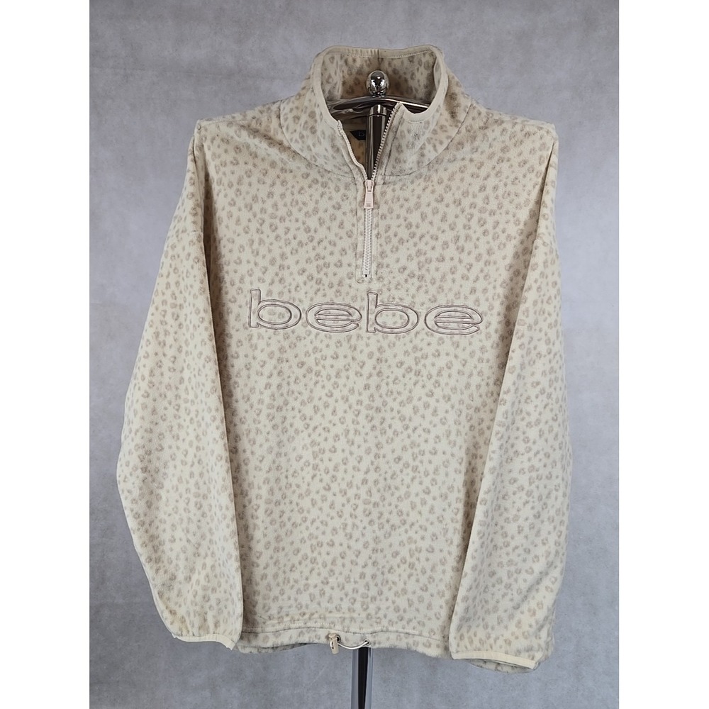 BEBE Sport Womens Size 2X Quarter Zip Pullover Fleece Beige Leopard‎ Print NEW